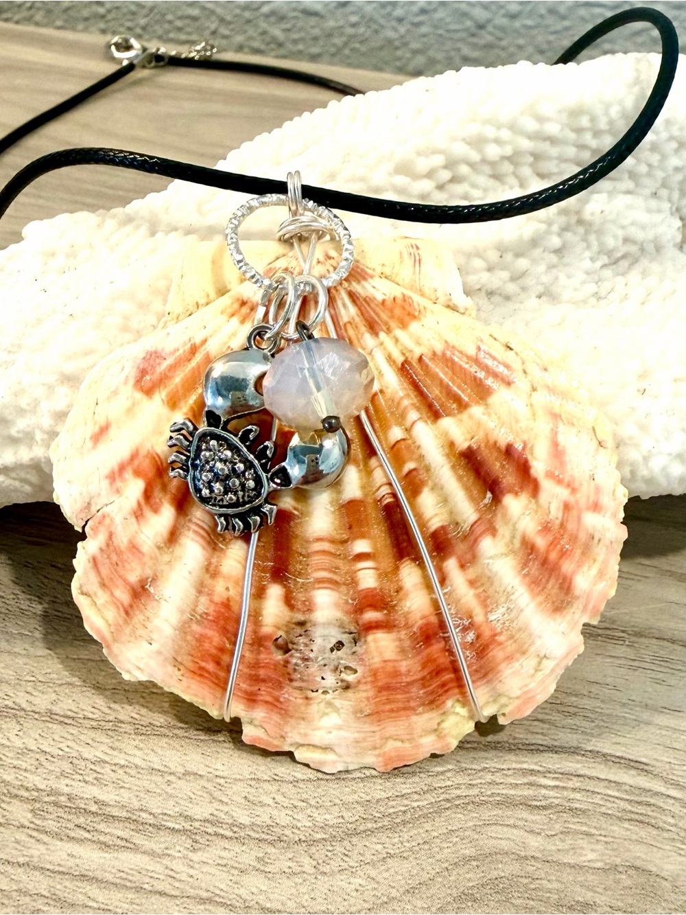 107. Silver Crab Charm Seashell Necklace with iridescent Bead